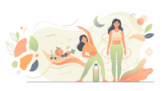 A woman in a wellness-themed vector illustration with yoga and health elements.