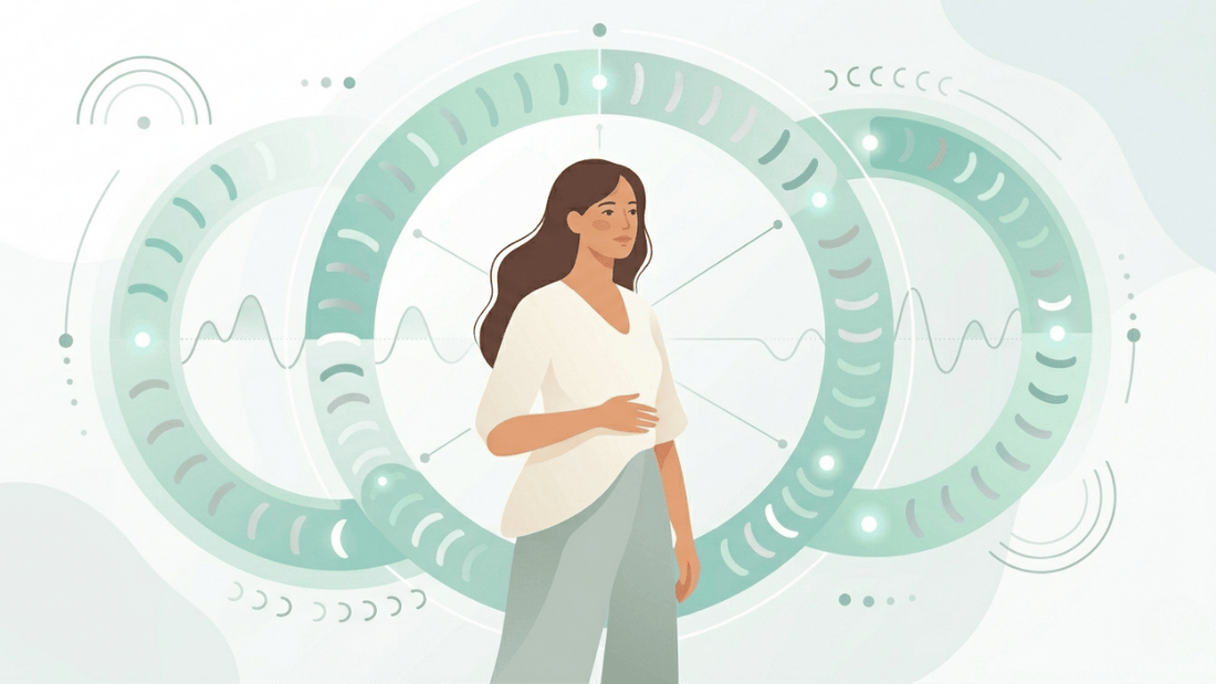 Woman in abstract teal background.