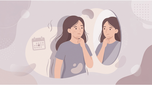 A woman looking thoughtfully at her reflection in a mirror, flanked by abstract shapes and a calendar icon.