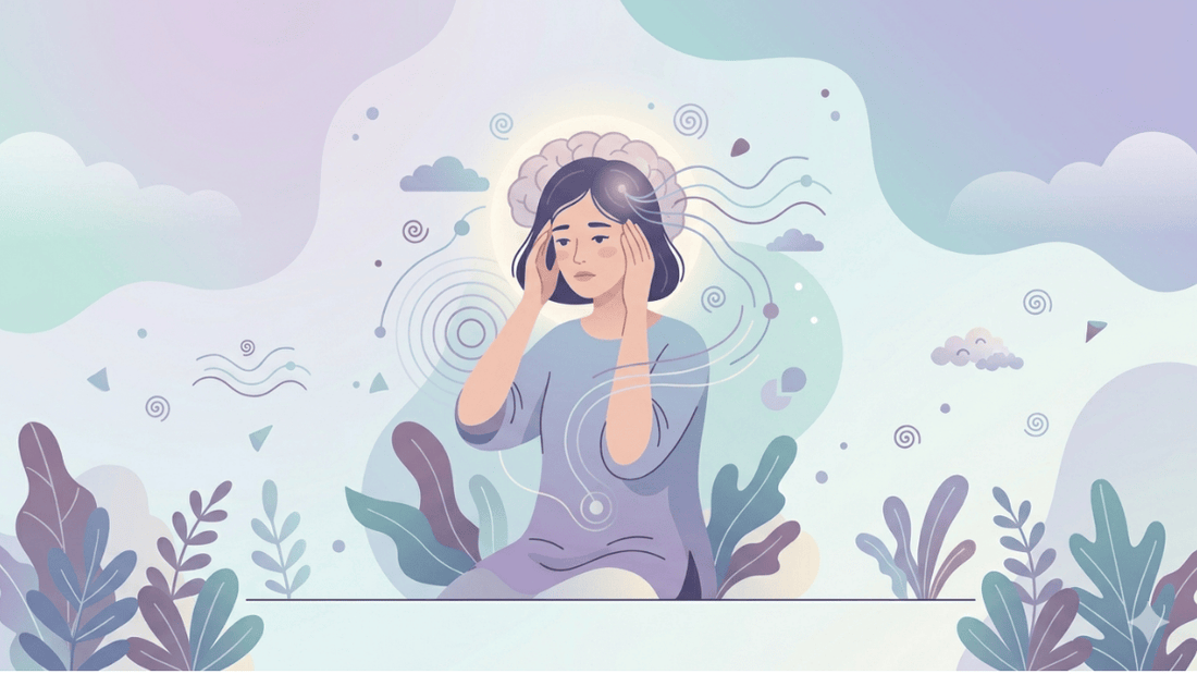 A woman holding her temples amidst swirling brain-inspired patterns.