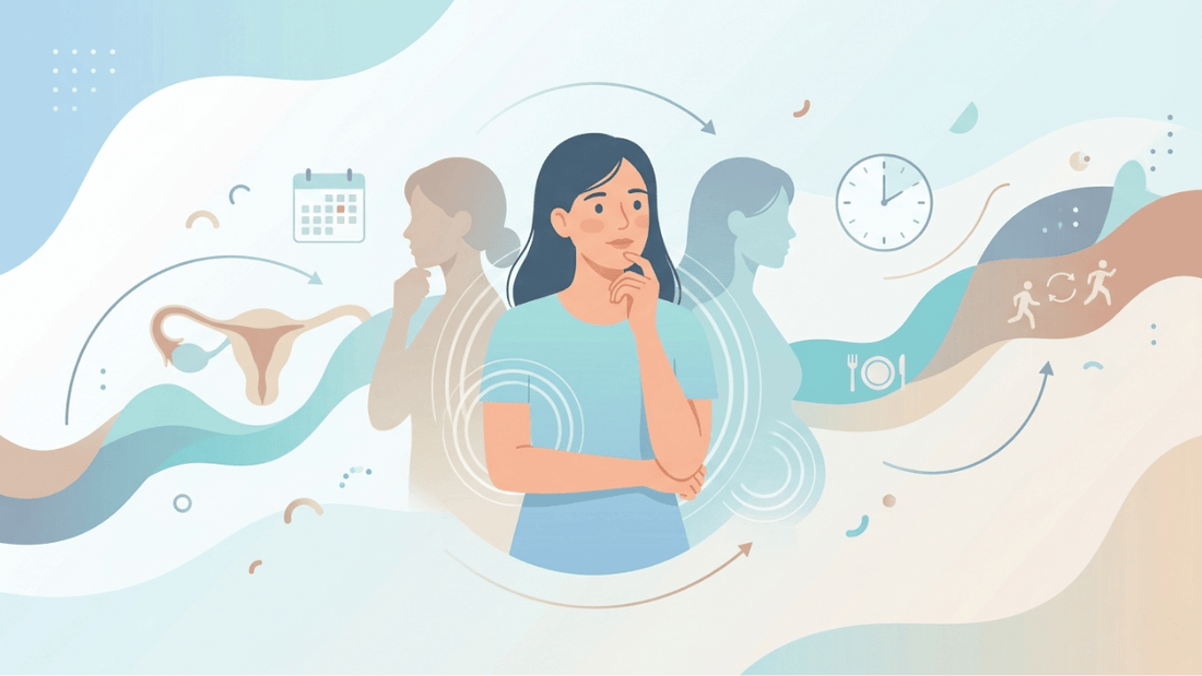 A vector illustration of a woman thinking about the progression of PCOS over time.
