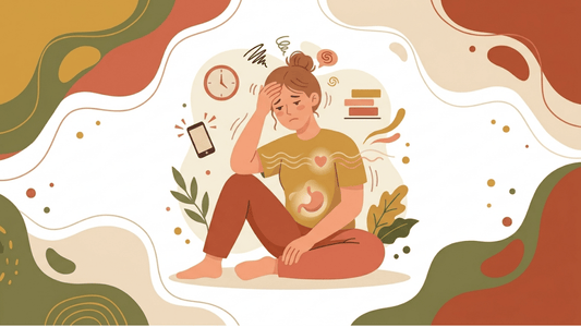 a woman sitting in a stressed pose, holding her forehead. She is surrounded by floating icons (a clock, a phone, books) and abstract swirling lines to convey anxiety and internal discomfort (heart, stomach).